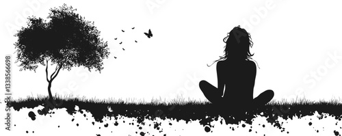 Silhouette of a woman meditating under a tree with butterflies and birds.