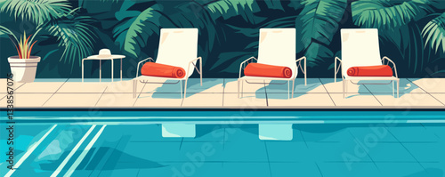 Tropical poolside scene with three chairs, towels, and lush greenery.
