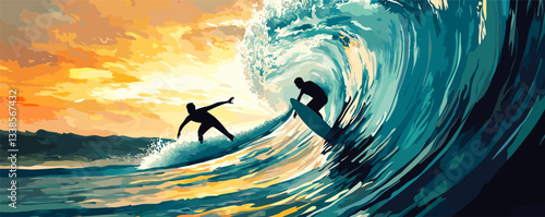 Two surfers riding a giant wave at sunset with colorful sky in background.