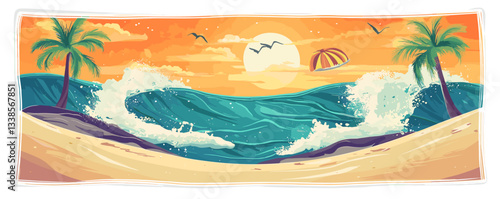 Tropical beach sunset with crashing waves, palm trees, and paraglider against an orange sky.