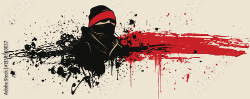Abstract ninja art with red and black paint splatters on beige background.