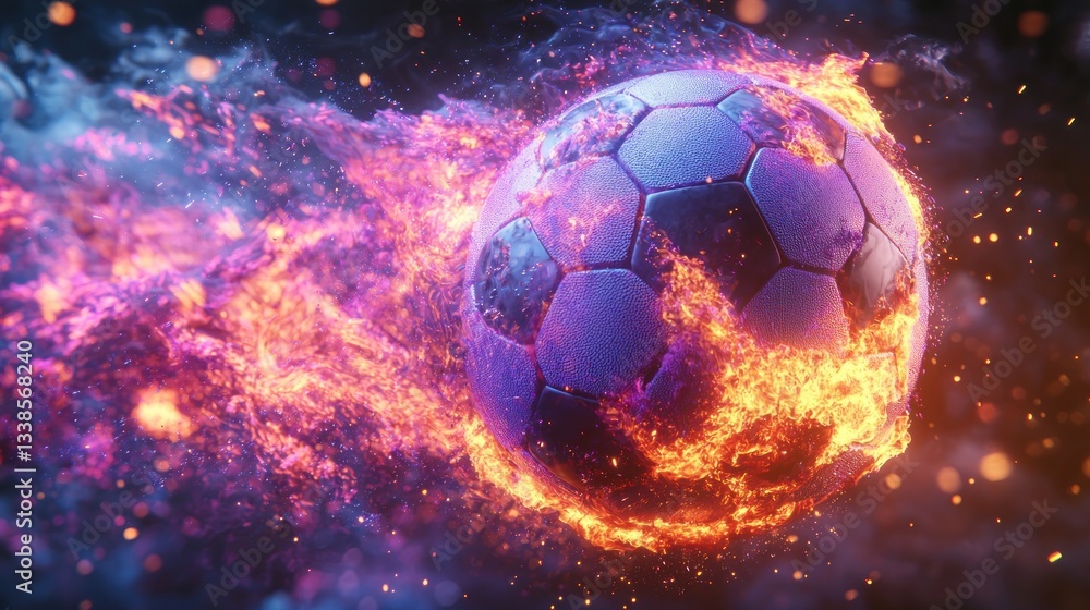 Fototapeta premium A soccer ball engulfed in flames against a dark background