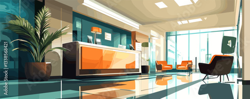 Modern office lobby with bright furniture and large windows in daylight.