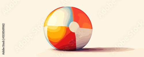 Colorful beach ball on sand with light shadow and vibrant stripes.