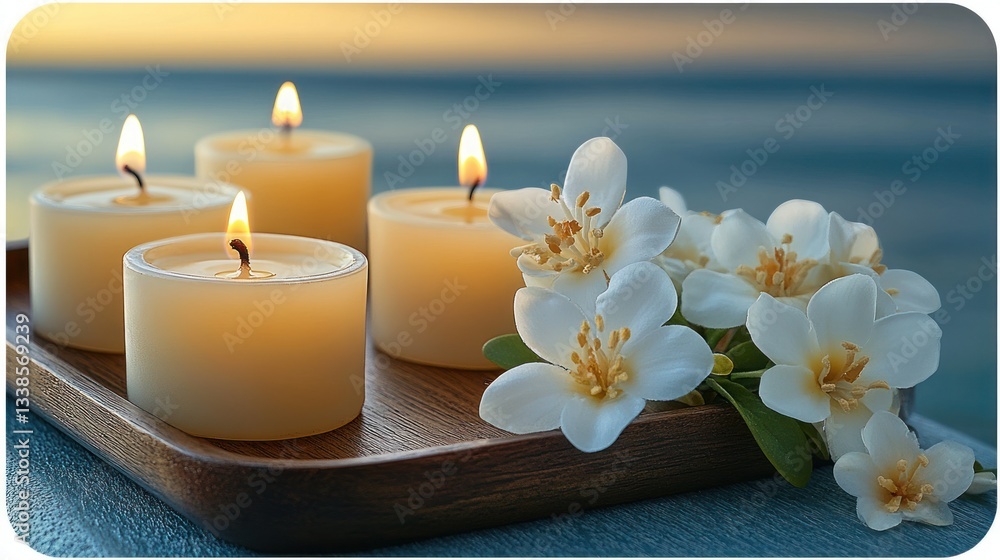 Serene sunset scene with four lit candles and white blossoms on a wooden tray Serene sunset scene with four lit candles and white blossoms on a wooden tray