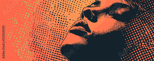 Abstract pop art portrait of woman's face with dotted patterns in vibrant orange hue.