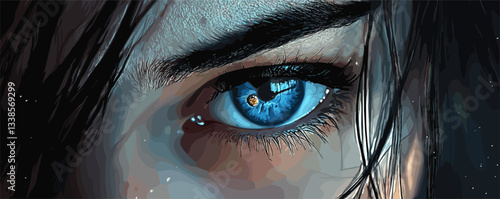 Close-up of artistic blue eye with detail reflection in surreal digital artwork.
