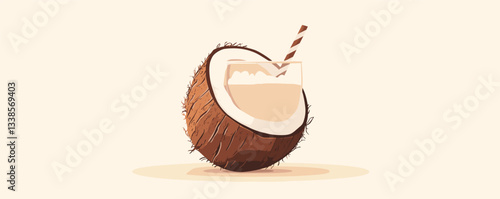 Coconut drink with straw vector illustration on pale background.