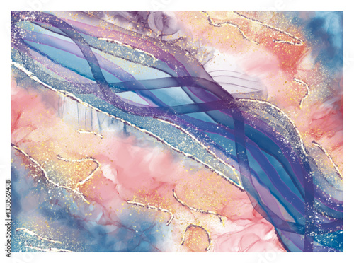 Vector Alcohol ink shape in tender purple blue and gold background