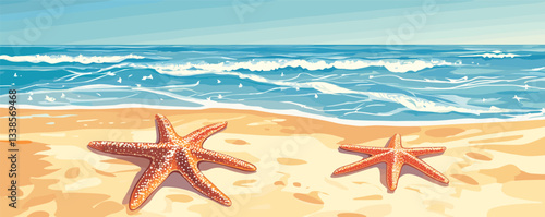 Starfish on sandy beach with ocean waves under sunny blue sky.