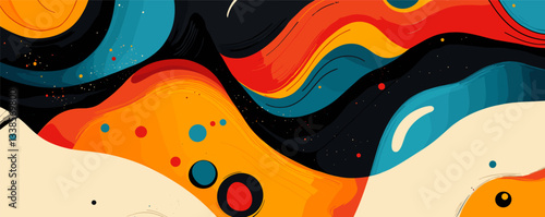 Colorful abstract waves and shapes with bold patterns and dynamic movement.