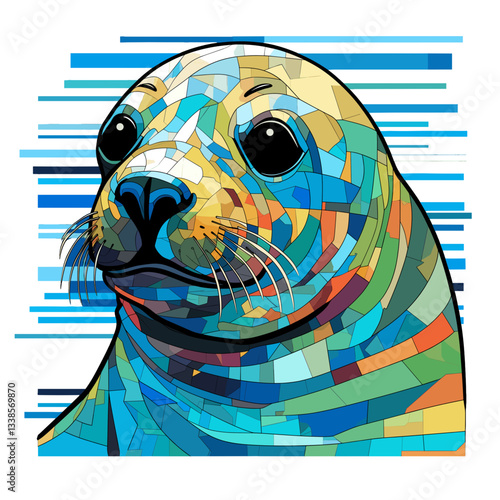 Colorful mosaic-style seal illustration.