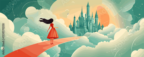 Woman in red dress walking toward a dreamlike castle in the clouds at sunset.