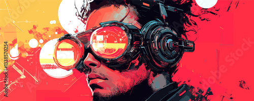 Cyberpunk art with young man wearing futuristic goggles in vibrant red and orange.