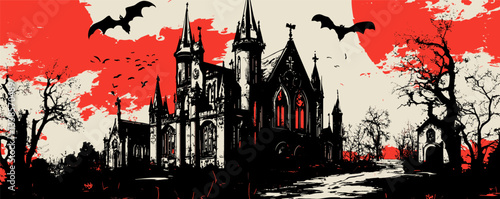 Spooky gothic castle with bats and full moon - eerie nighttime scene.