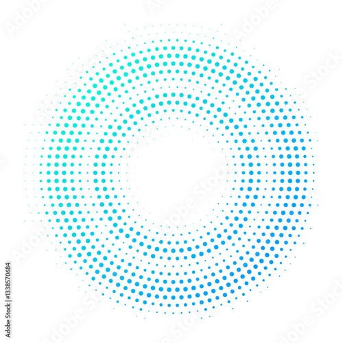 Halftone effect dotted blue gradient double circle frame. Isolated vector dotted round for collages