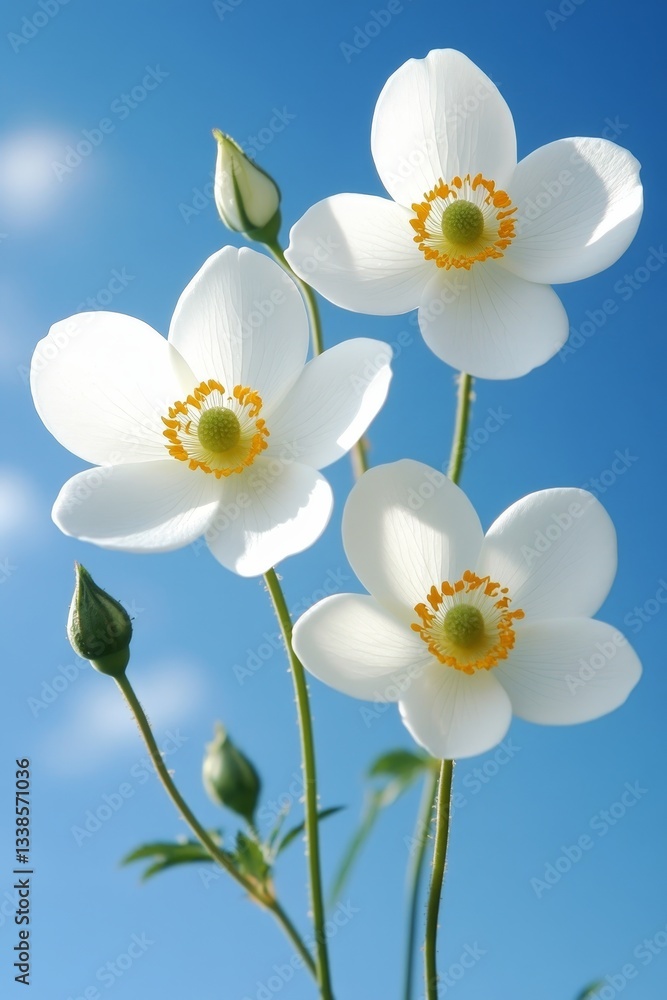 Three Pristine White Anemone Flowers with Yellow Centers, Blue Sky, and Fresh Green Foliage Three Pristine White Anemone Flowers with Yellow Centers, Blue Sky, and Fresh Green Foliage