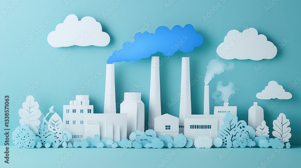 Obraz premium Paper cutout of an industrial landscape with factories, trees, and clouds in a pastel color palette.