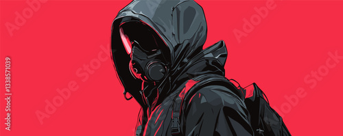 Person in black hooded jacket and gas mask on bold red background - mysterious urban style.