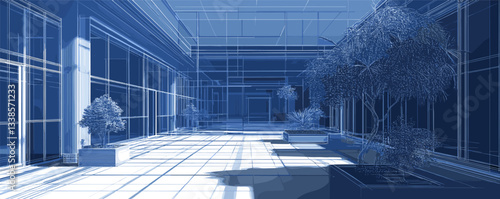 Modern architectural sketch of spacious indoor atrium with plants and skylight.