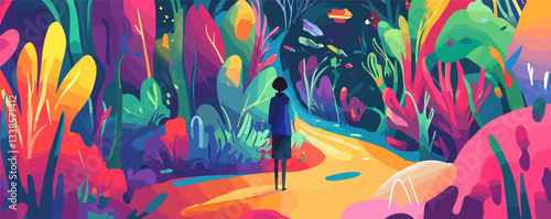 Colorful abstract landscape with person walking on vibrant forest path.