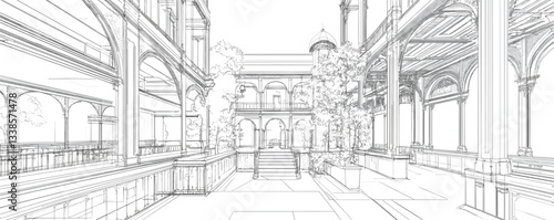 Architectural sketch of classic courtyard with arches and columns.