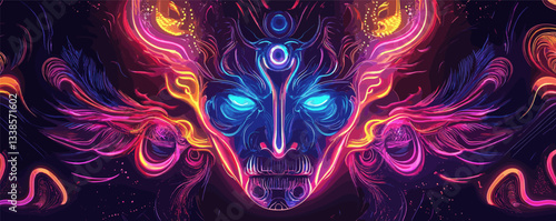 Surreal neon demon mask with glowing eyes and intricate colorful patterns on dark background.