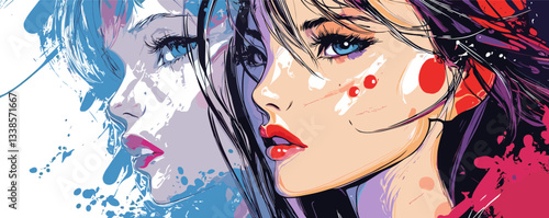 Vibrant artistic portrait of a young woman with colorful paint splatters and reflections.