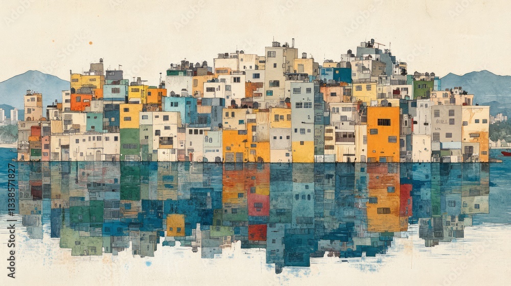 Obraz premium A colorful waterfront cityscape reflects in the tranquil water below