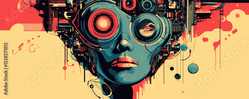 Futuristic portrait of female android with cybernetic eye and mechanical elements in pop art style.
