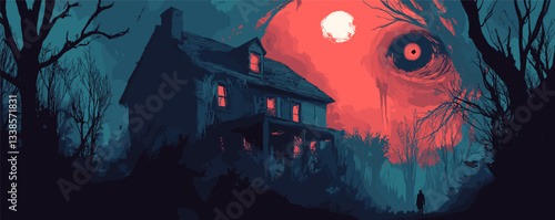 Haunted house in dark forest with full moon and supernatural eye in sky horror scene.