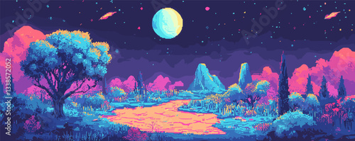 Vibrant pixel art landscape with trees, river, and starry night sky.