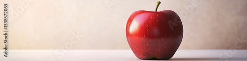 A single ripe red apple with a glossy finish on a soft white solid background