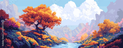 Vibrant autumn landscape with orange trees, mountains, and river under a blue sky.