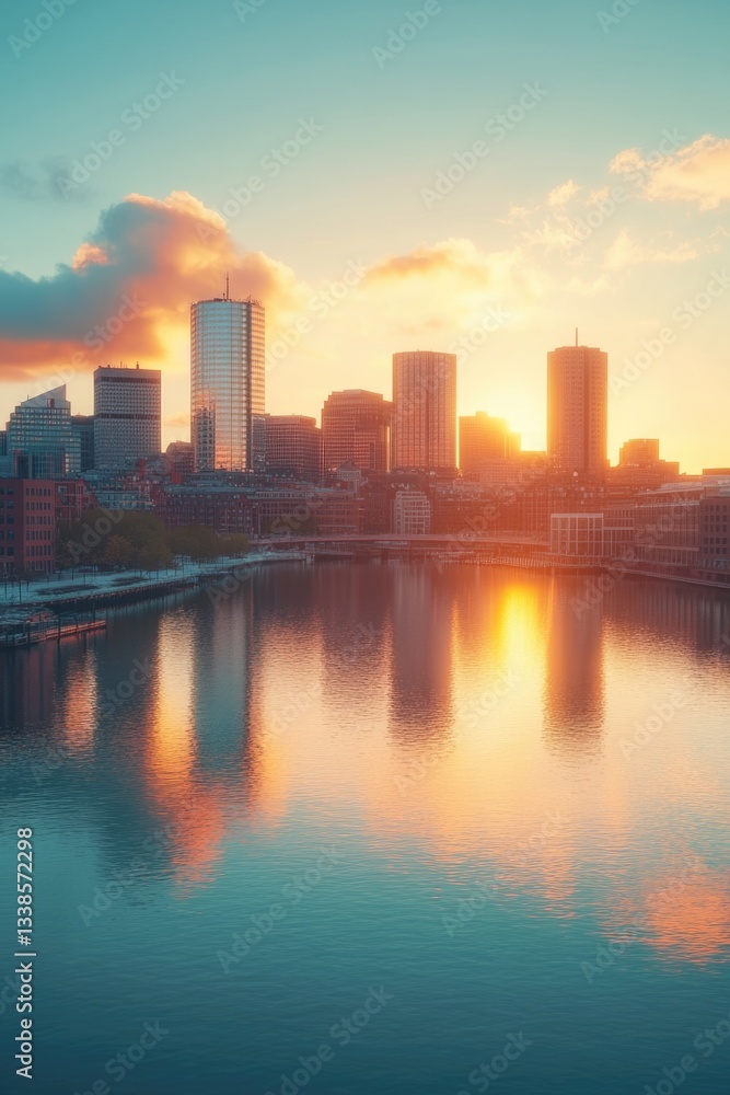 Fototapeta premium A cityscape with tall buildings and skyscrapers during sunset