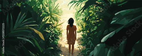 Woman walking through lush jungle pathway surrounded by greenery and sunlight.