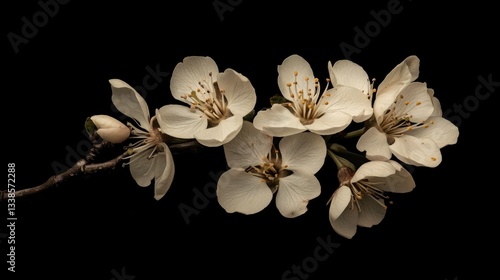 Elegant White Cherry Blossom Branch Isolated on Black Background