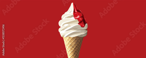Vanilla soft serve ice cream cone with strawberry syrup on red background.