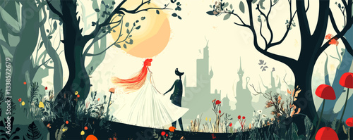 Enchanted forest couple stroll at sunrise with mystical castle in the background.