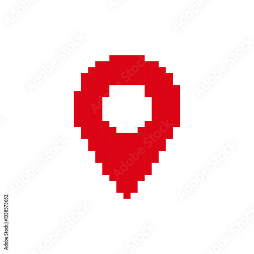 Bright red pixel art location pin symbol represents classic map marker in digital form.