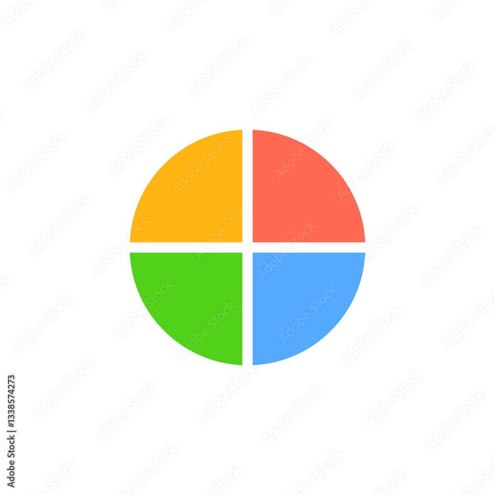 Four-color pie chart circle with equal quadrants in yellow, red, blue, and green. Four-color pie chart circle with equal quadrants in yellow, red, blue, and green.