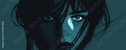 Artistic portrait of a young woman with intense eyes in dark tones.