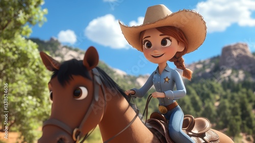 Cute Cartoon Girl Riding Horse in Nature
