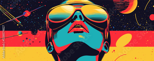 Futuristic woman in sunglasses gazing at vibrant cosmic landscape with abstract art elements.