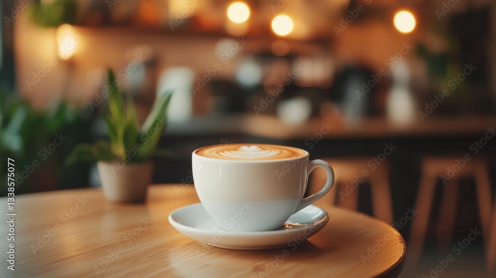 Cozy Coffee Cup with Beautiful Latte Art in a Warm Cafe Setting Cozy Coffee Cup with Beautiful Latte Art in a Warm Cafe Setting