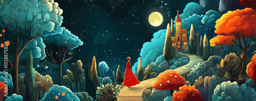 Enchanted forest path leading to a moonlit castle under a starry night sky.