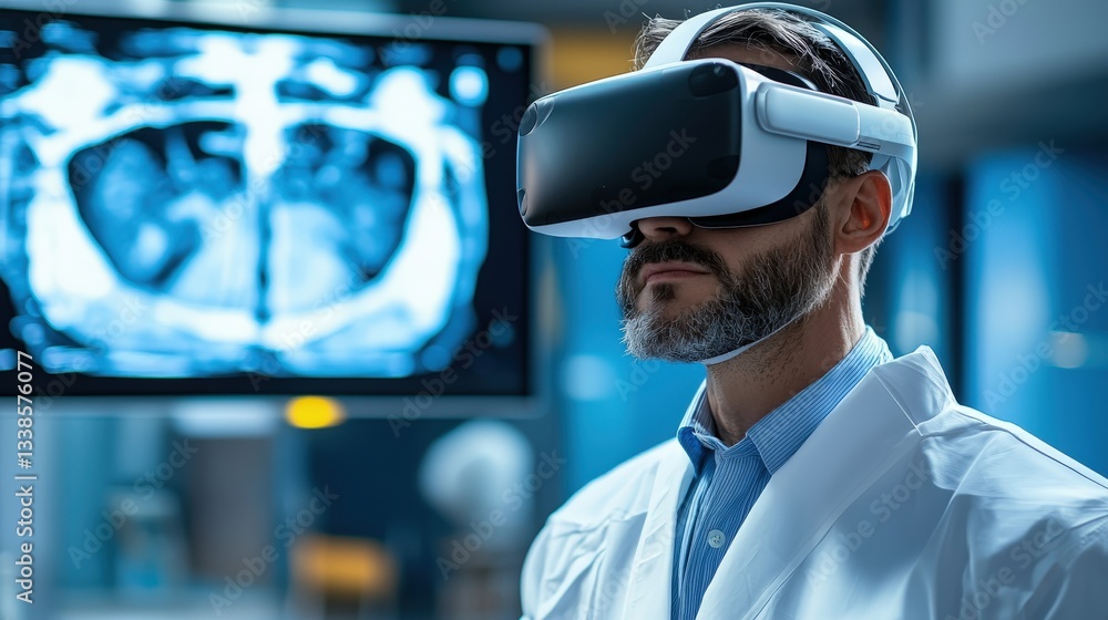 A man in a lab coat uses virtual reality to analyze medical imaging data. A man in a lab coat uses virtual reality to analyze medical imaging data.
