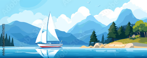 Sailboat on tranquil lake with majestic mountain and pine tree landscape under clear sky.