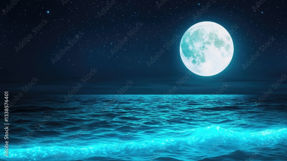 Beach waves landscapes concept. A serene night scene with a glowing moon over calm, shimmering ocean waters. Beach waves landscapes concept. A serene night scene with a glowing moon over calm, shimmering ocean waters.