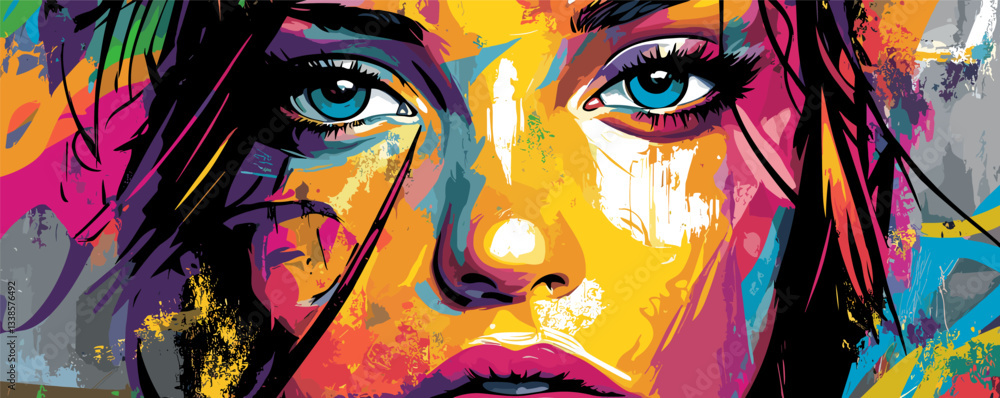 Vibrant abstract portrait of young woman with intense blue eyes in colorful brush strokes. Vibrant abstract portrait of young woman with intense blue eyes in colorful brush strokes.